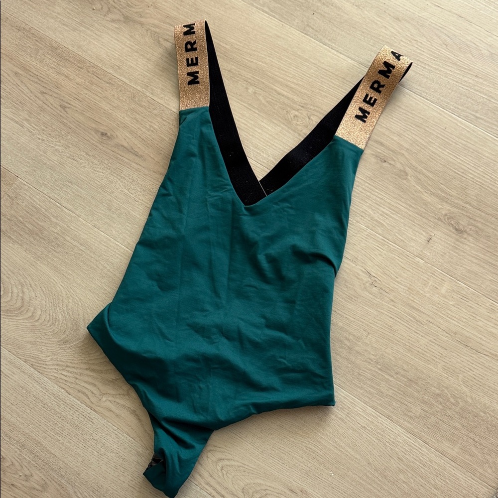 Salty Mermaid Teal One-Piece Swimsuit with Gold MERMAID Strap Detail